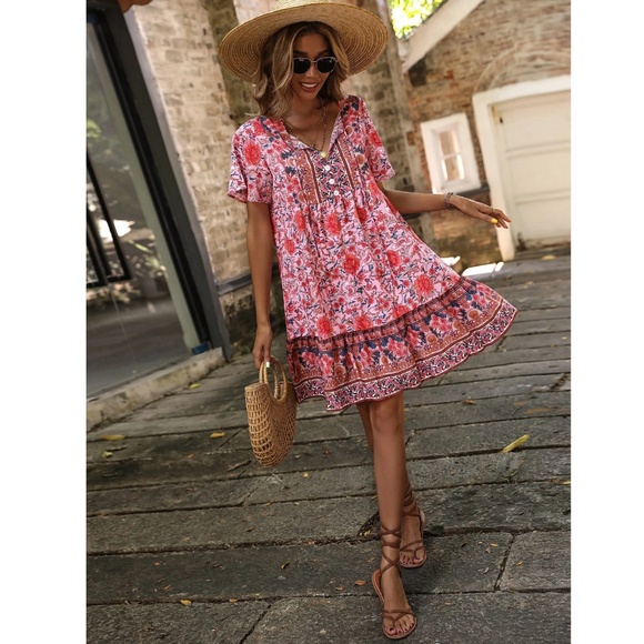 Floral Print Pink Red Flowy Loose Fitting Short Sleeve Mini Dress Neck Ties - Picture 4 of 16